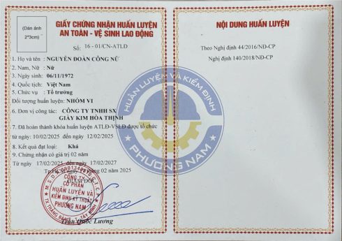 chứng nhận huấn luyện atvsld nhóm 1 2 5 6 mặt trong