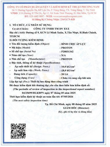giấy chứng nhận kiểm định bình chịu áp lực
