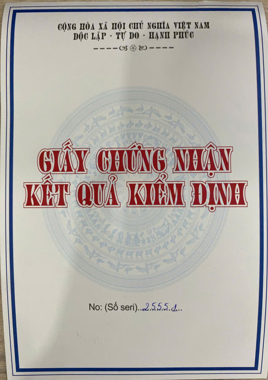 mặt ngoài giấy chứng nhận kiểm định an toàn thiết bị