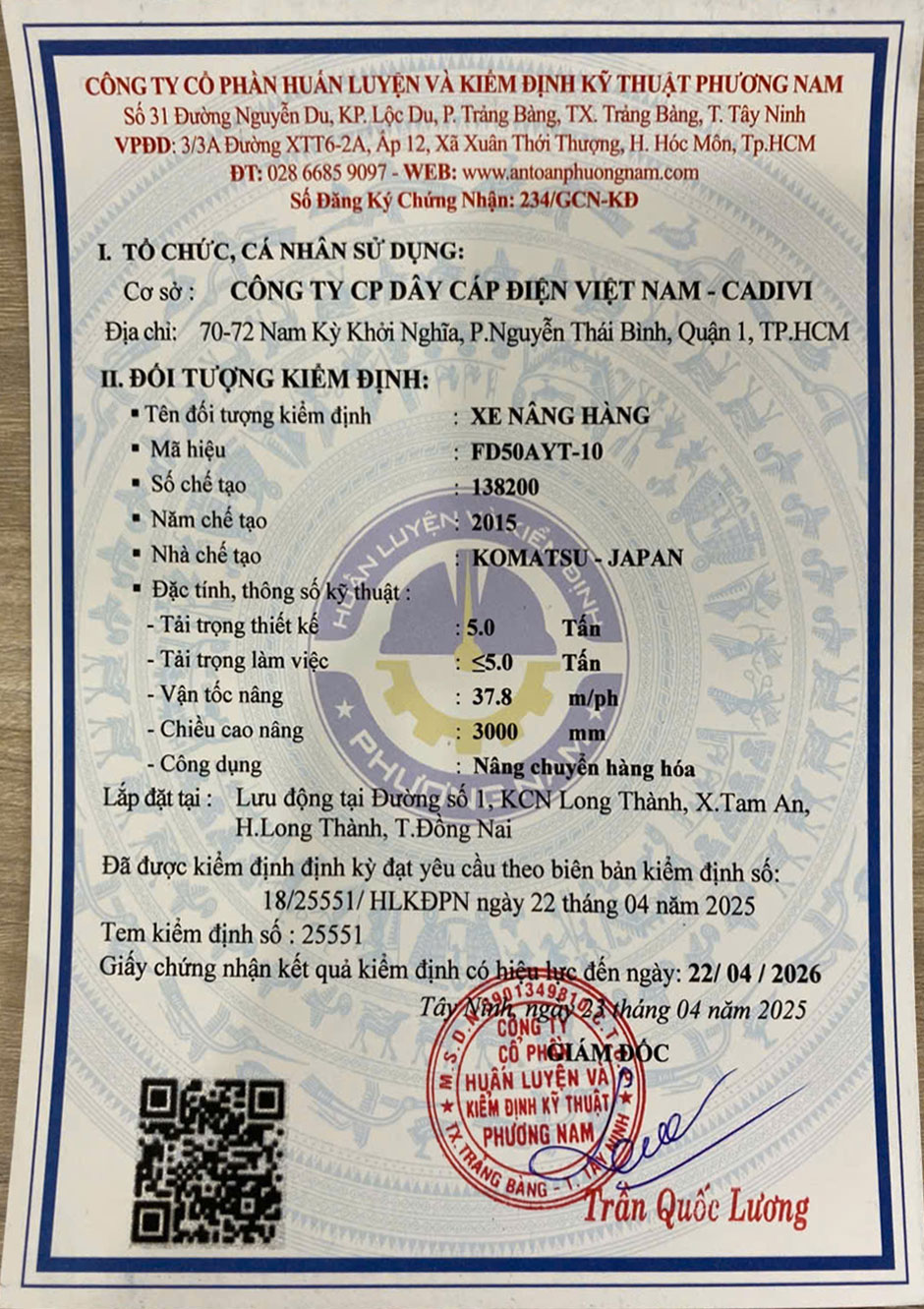 mặt trong giấy chứng nhận kiểm định an toàn thiết bị