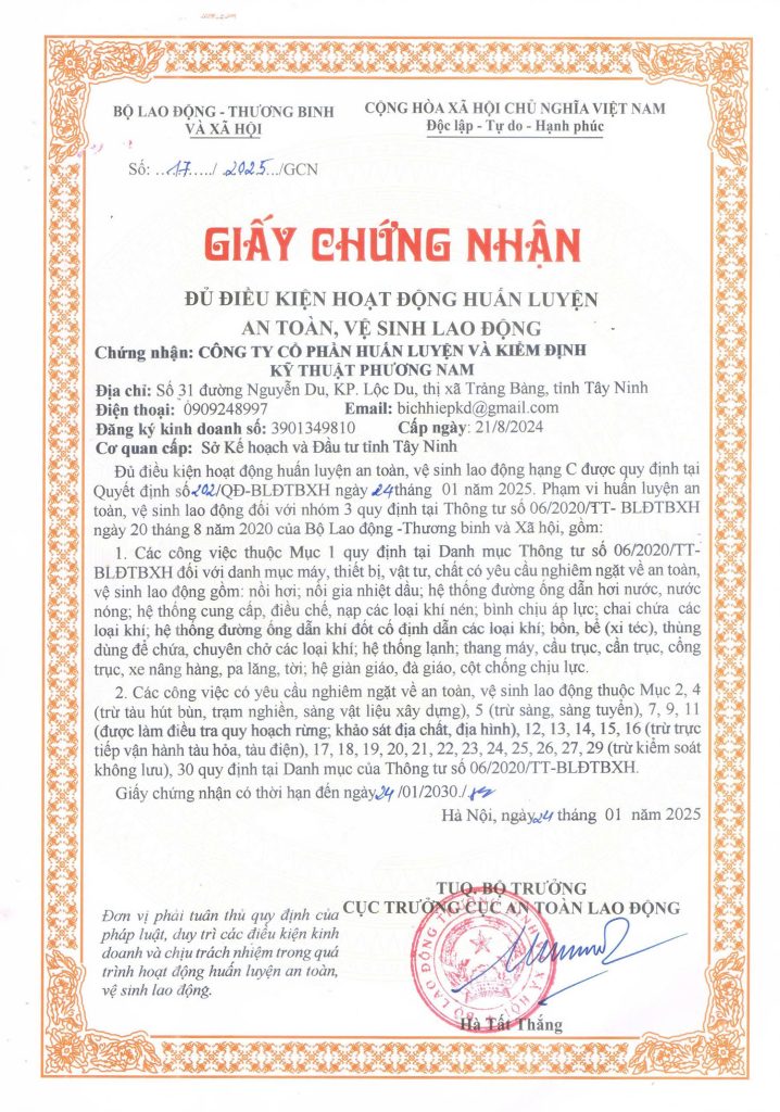 giấy chứng nhận đủ điều kiện huấn luyện an toàn vệ sinh lao động