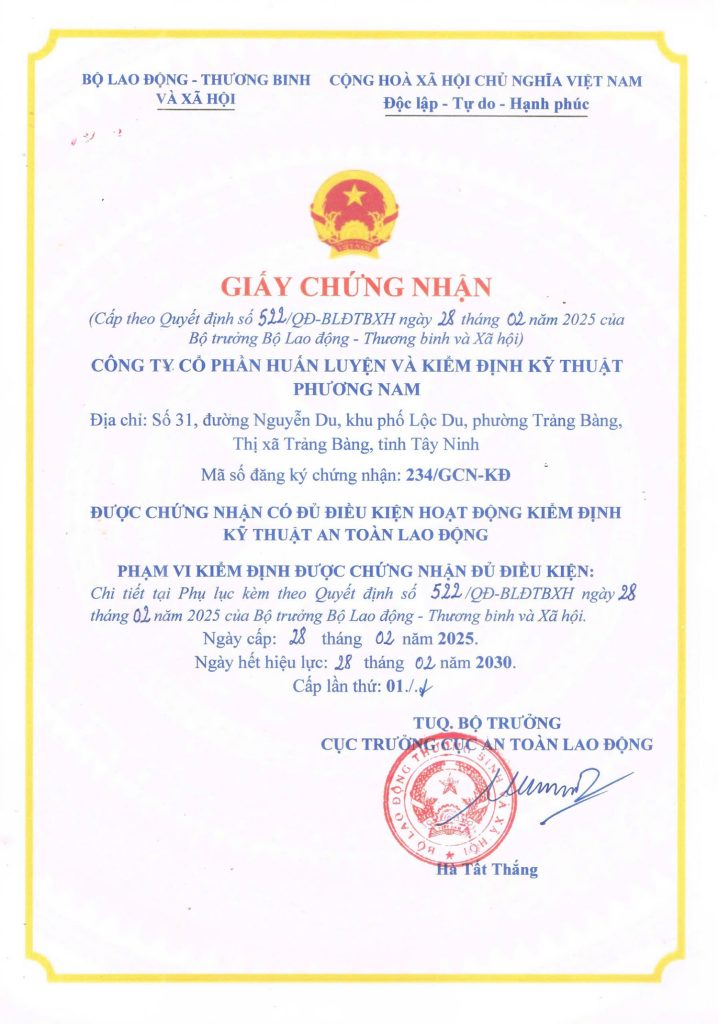 giấy chứng nhận kiểm định kỹ thuật an toàn lao động