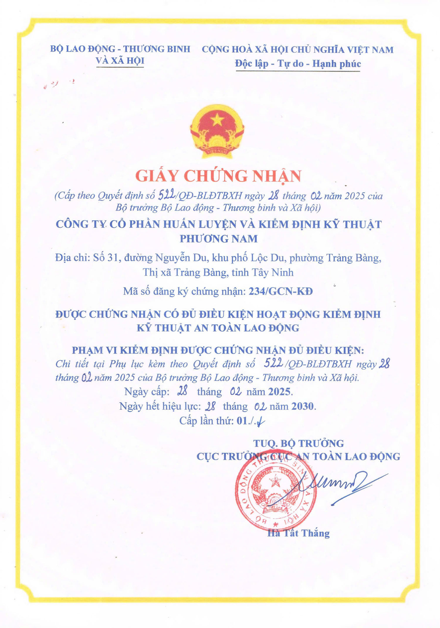 giấy chứng nhận kiểm định kỹ thuật an toàn lao động