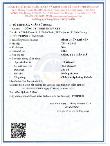 giấy chứng nhận kiểm định bình chứa khí nén