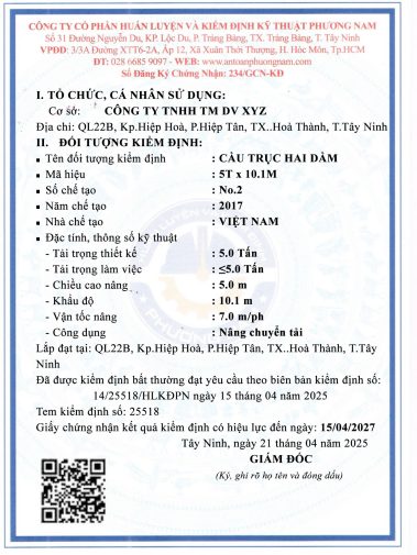 giấy chứng nhận kiểm định cầu trục dầm đôi