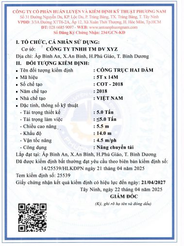giấy chứng nhận kiểm định cổng trục