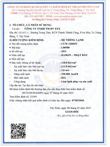 giấy chứng nhận kiểm định hệ thống lạnh