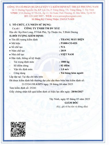 giấy chứng nhận kiểm định thang máy tải hàng kèm người