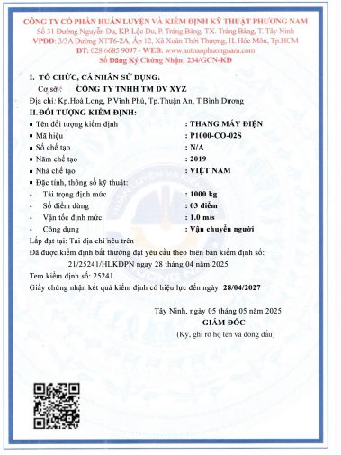 giấy chứng nhận kiểm định thang máy vận chuyển người