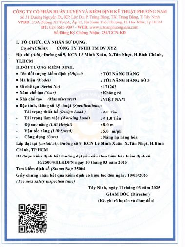 giấy chứng nhận kiểm định tời nâng hàng